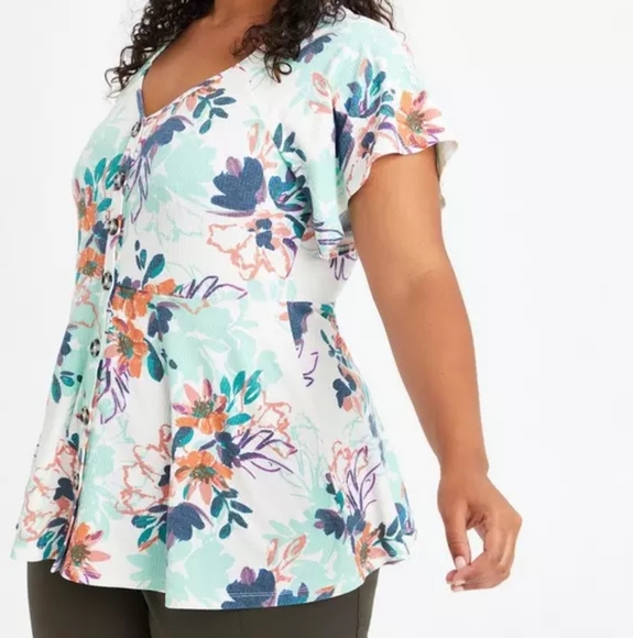 Torrid Green Orange Blue And White Floral Flutter Sleeve Peplum Blouse - Picture 10 of 12